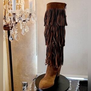 Texan Western Style Brown Fringe Knee- High Boots. Block Heels. Made In Italy 7M